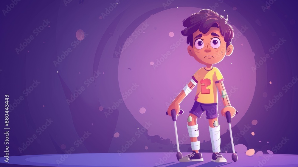 Illustration of a young boy with bandages and crutches, showcasing resilience and determination in a supportive atmosphere. Illustration of a young boy with bandages and crutches, showcasing resilience and determination in a supportive atmosphere.