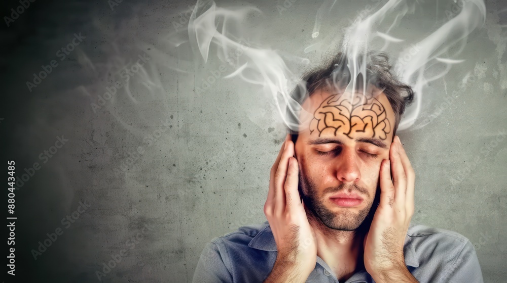 A man with head a hand feeling trapped by smoke or steam coming out of brain healthcare and headache concept A man with head a hand feeling trapped by smoke or steam coming out of brain healthcare and headache concept