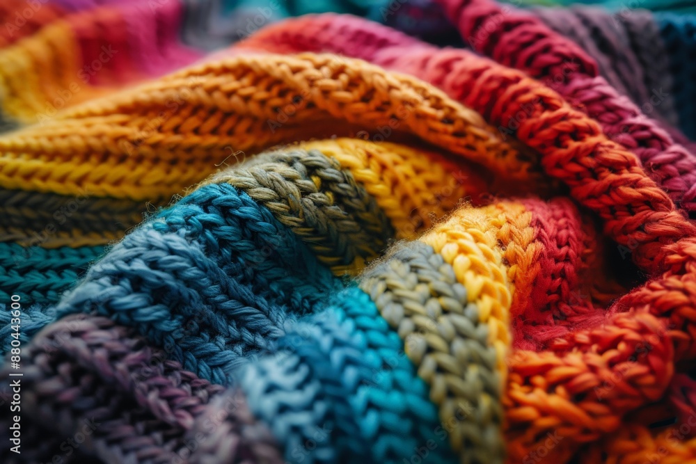 Close-up of a vibrant rainbow-colored crocheted fabric. Close-up of a vibrant rainbow-colored crocheted fabric.