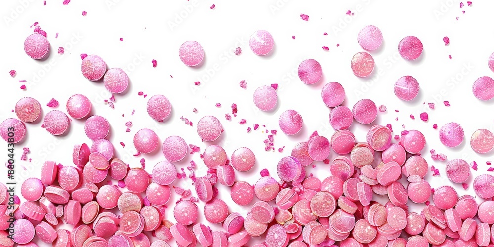 Pink pills scattered on a white surface with some in mid-air. Pink pills scattered on a white surface with some in mid-air.