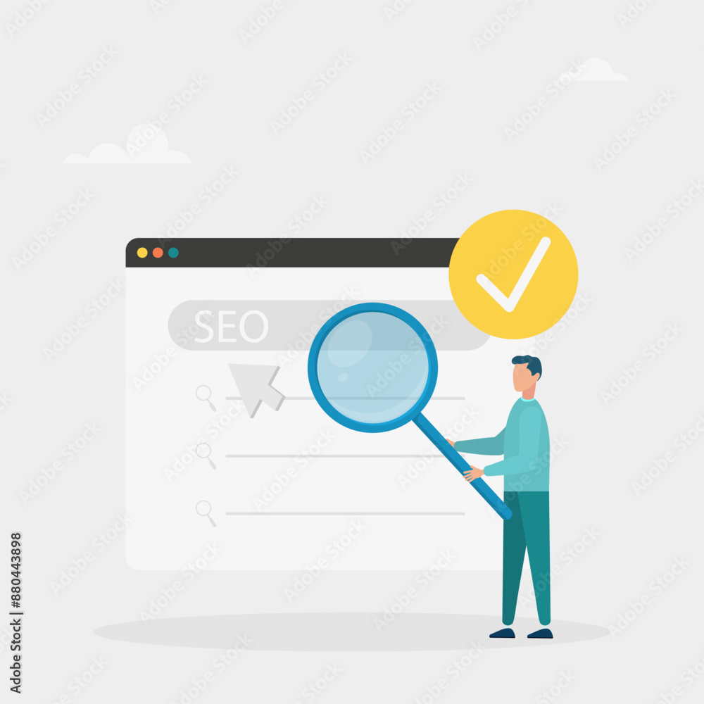 SEO optimization. An analyst who works with website data, analyzes search queries and selects keywords. Vector illustration SEO optimization. An analyst who works with website data, analyzes search queries and selects keywords. Vector illustration