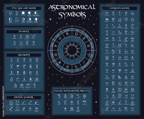 collection of astronomical symbols on dark background