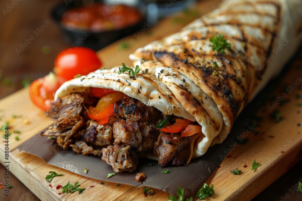Close-up of a delicious shawarma filled with meat and vegetables. Close-up of a delicious shawarma filled with meat and vegetables.