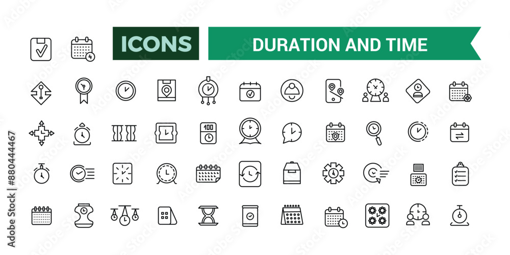 Duration and Time icons set outline vector.Outline icons pack. Editable vector line icon set and illustration for web and UI application. Duration and Time icons set outline vector.Outline icons pack. Editable vector line icon set and illustration for web and UI application.