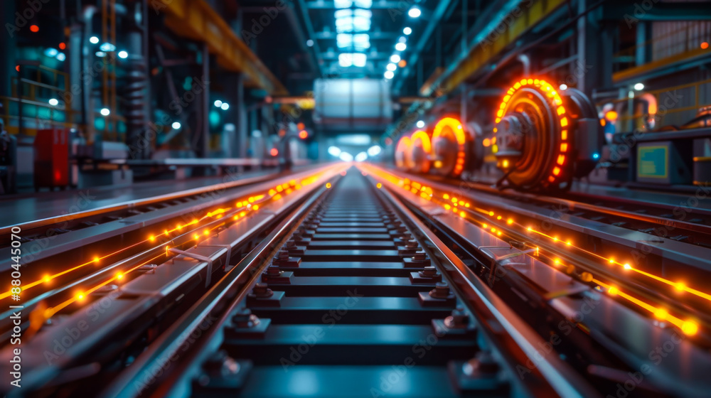 Railway track with orange lights. The train is not visible. Abstract background. Railway track with orange lights. The train is not visible. Abstract background.