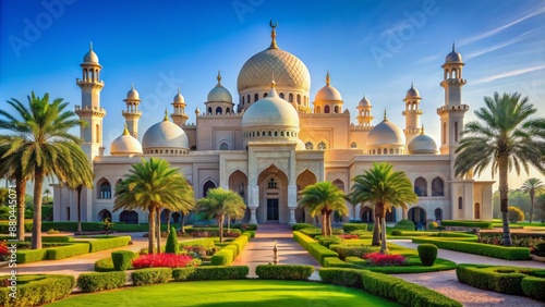 Majestic Arabian palace facade with intricate Islamic architecture, ornate domes, and vibrant colors set against a clear blue sky.