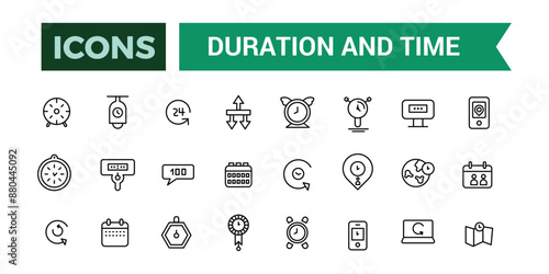 Duration and Time icons set outline vector.Outline icons pack. Editable vector line icon set and illustration for web and UI application.