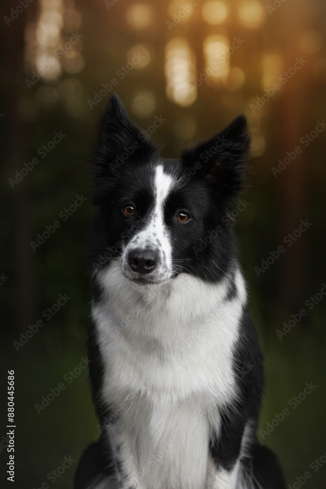border collie dog with brown eyes portrain in the sunset forest border collie dog with brown eyes portrain in the sunset forest