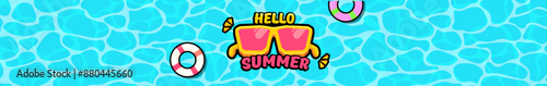 Super Hello summer logo wide banner with retro yellow sunglasses isolated on blue water wide background. Hello summer wide design template with cartoon sunglasses, beach, water pool , summer vibe