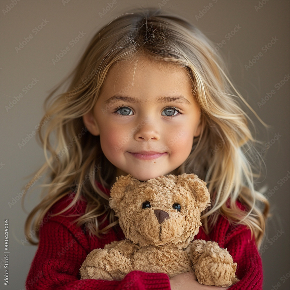 Happy child hugging teddy bear on white background caucasian little girl of 5-6 years in red looking at camera. Made with generative ai Happy child hugging teddy bear on white background caucasian little girl of 5-6 years in red looking at camera. Made with generative ai