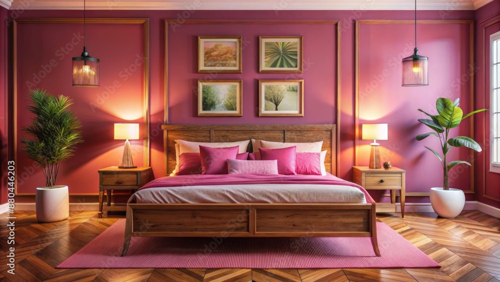 Fototapeta premium Vibrant pink walls surround elegant bedroom furniture, adorned with colorful posters, and ambient lighting, exuding warm, cozy, and youthful atmosphere.