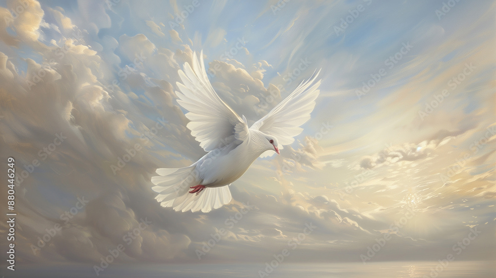 Capture a white dove gracefully gliding across a horizon defined by wispy clouds and the gentle glow of the sun, symbolizing hope and renewal. Ai generated Capture a white dove gracefully gliding across a horizon defined by wispy clouds and the gentle glow of the sun, symbolizing hope and renewal. Ai generated