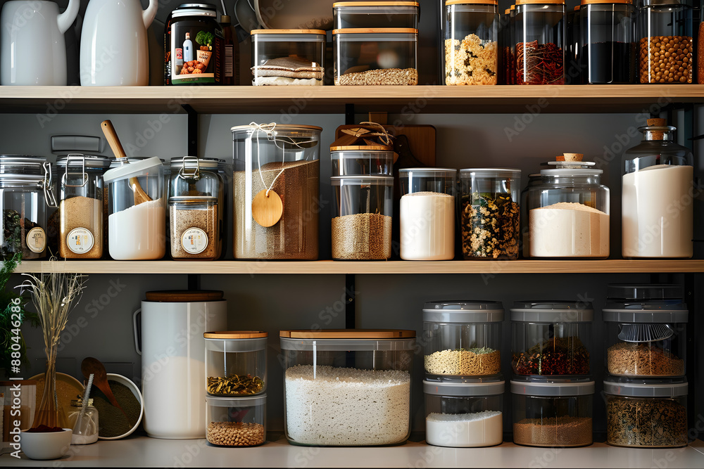 Kitchen cabinet shelves with neatly arranged containers with groceries and dishes, space organization and storage concept Kitchen cabinet shelves with neatly arranged containers with groceries and dishes, space organization and storage concept