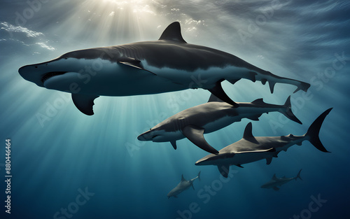 A group of hammerhead sharks swimming in formation in the Galápagos, their silhouettes stark against the deep blue sea photo