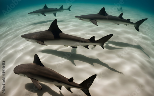 A group of hammerhead sharks swimming in formation in the Galápagos, their silhouettes stark against the deep blue sea photo