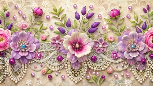 Vibrant purple and pink flowers against a soft, creamy background, accented with delicate lace and sparkling rhinestones.