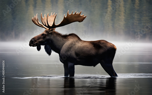 A moose wading through a misty Canadian lake photo