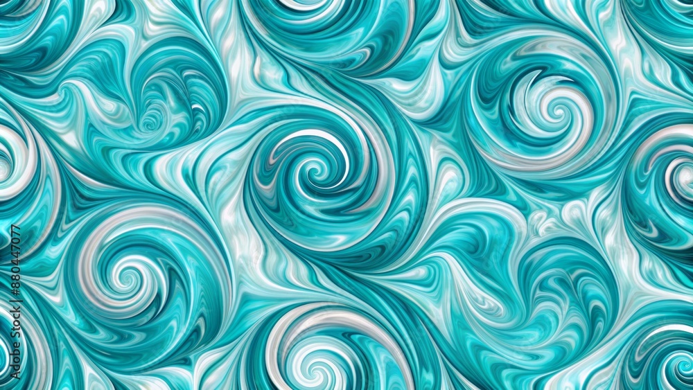 Vibrant swirling shapes of turquoise and white hues create a mesmerizing seamless background pattern for graphic design and art projects. Vibrant swirling shapes of turquoise and white hues create a mesmerizing seamless background pattern for graphic design and art projects.