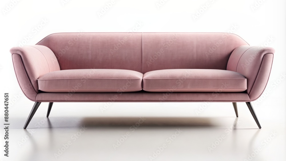 Sleek modern pink fabric sofa with sleek black metal legs sits isolated on pristine white studio background, showcasing its curved back. Sleek modern pink fabric sofa with sleek black metal legs sits isolated on pristine white studio background, showcasing its curved back.