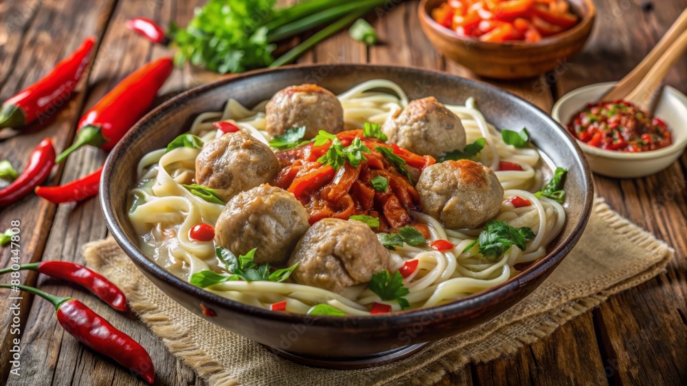 Steaming hot Indonesian Bakso dish featuring savory meatballs, springy noodles, crunchy toge, and spicy chili sauce in a bowl. Steaming hot Indonesian Bakso dish featuring savory meatballs, springy noodles, crunchy toge, and spicy chili sauce in a bowl.
