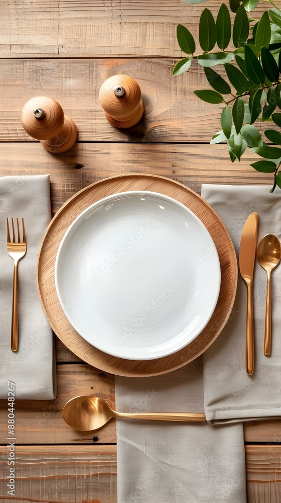 Elegant and Minimalist Tableware Arrangement on Wooden Table Elegant and Minimalist Tableware Arrangement on Wooden Table