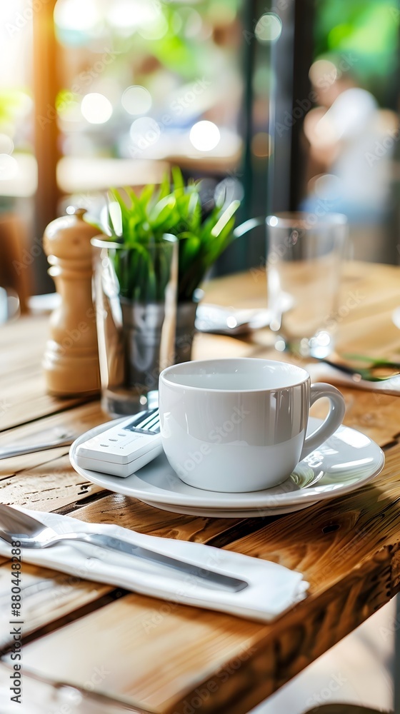 Cozy Cafe Setting with Coffee Cup and Greenery on Wooden Table Cozy Cafe Setting with Coffee Cup and Greenery on Wooden Table