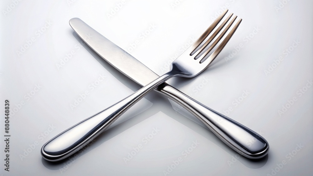 Arranged silverware fork and knife crossed on a pristine white background, evoking elegance and refinement in a minimalist composition. Arranged silverware fork and knife crossed on a pristine white background, evoking elegance and refinement in a minimalist composition.