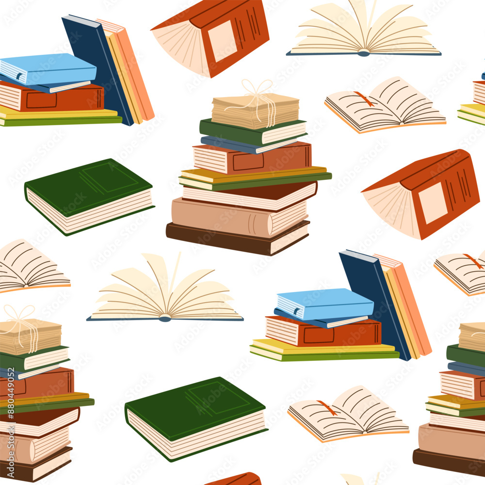 Paper books pattern. Seamless background with literature repeating print. Printable texture for wrapping, wallpaper. Endless backdrop design for bookstore. Colored flat vector illustration Paper books pattern. Seamless background with literature repeating print. Printable texture for wrapping, wallpaper. Endless backdrop design for bookstore. Colored flat vector illustration