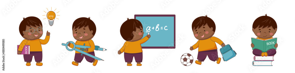 Childrens school collection. Set of black skin schoolboys with school elements isolated on white. Back to school concept. Children supplies cute. Childrens school collection. Set of black skin schoolboys with school elements isolated on white. Back to school concept. Children supplies cute.