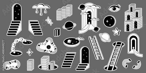 Surrealism elements set isolated on white background. Surrealism stickers set. Psychedelic elements set.