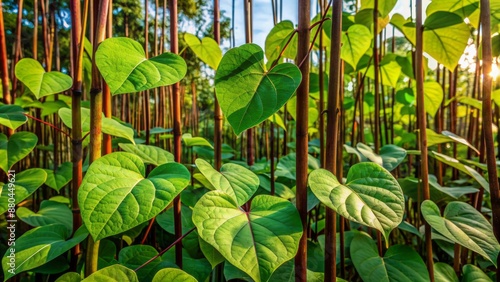 Aggressive invasive Japanese Knotweed with heart-shaped leaves and bamboo-like stems overtakes surrounding landscape with destructive abundance. photo