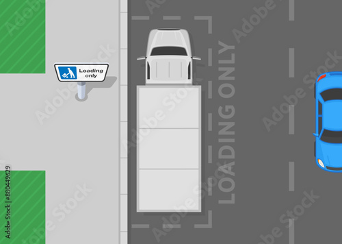 Safe driving tips and traffic regulation rules. Heavy goods vehicle stopped on a designated place for loading. Top view of a british city road. Flat vector illustration template.
