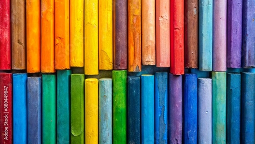 Vibrant arrangement of colorful chalk sticks in rows, showcasing a kaleidoscope of blue, orange, yellow, and purple hues, evoking creativity. photo