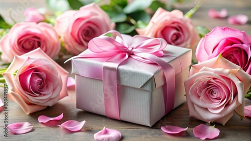Exquisite, elegantly wrapped gift box adorned with lush pink roses, delicate petals, and a soft satin ribbon, evoking luxury and sophistication.