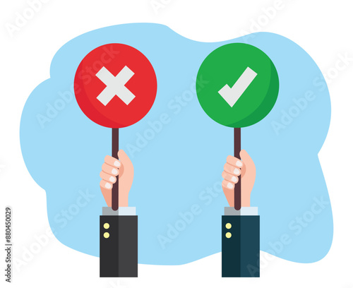hands hold signboard icon right and wrong feedback yes or no sign or illustration of vote and polling