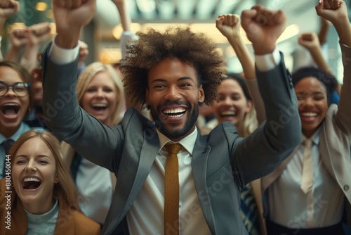 Business Team Celebrating Success: A diverse team of employees celebrating a business milestone, representing collective growth. 