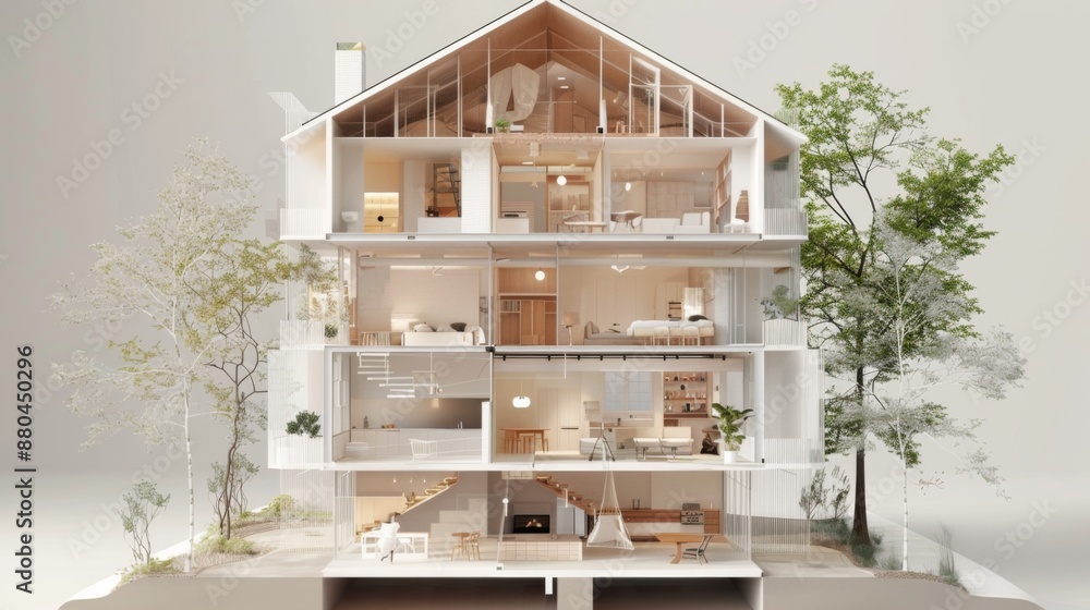 House interior with furniture in cut, Private mansion floors plan. Sectional view of house House interior with furniture in cut, Private mansion floors plan. Sectional view of house