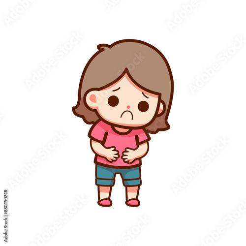 little girl kid feel sick on the stomach cartoon character vector illustration template design