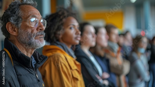 Diverse group of people standing in line, looking forward, waiting, anticipation.