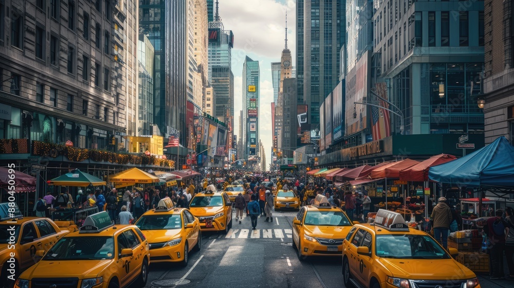 A bustling New York City street with yellow cabs, skyscrapers, street vendors, and people hurrying along the sidewalks. A bustling New York City street with yellow cabs, skyscrapers, street vendors, and people hurrying along the sidewalks.