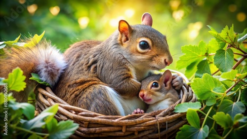 Adorable mother squirrel tenderly cuddles her precious newborn cubs in a warm nest, symbolizing love, nurturing, and new life beginnings. photo