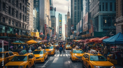 A bustling New York City street with yellow cabs, skyscrapers, street vendors, and people hurrying along the sidewalks.