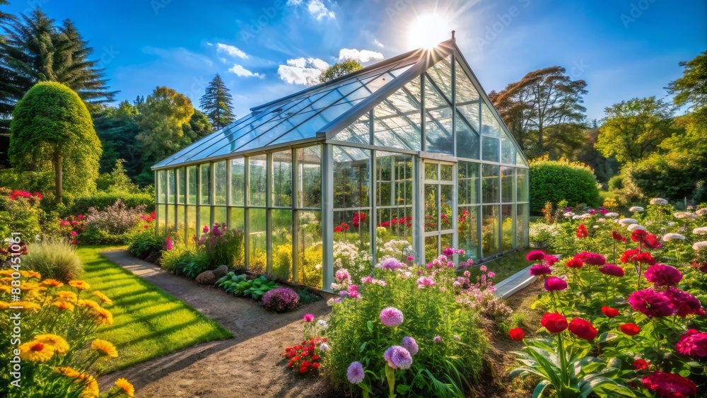 A serene and modern greenhouse stands alone surrounded by lush greenery and vibrant blooming flowers under a clear blue sky. A serene and modern greenhouse stands alone surrounded by lush greenery and vibrant blooming flowers under a clear blue sky.