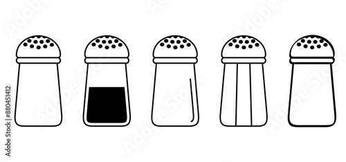 Glass pepper and salt shaker. Kitchen tools. Spice symbol or icon. Seasoning and condiment shakers. Stock, alt and pepper container. Seasoning jar logo. Salt or pepper mill. Spice bottle