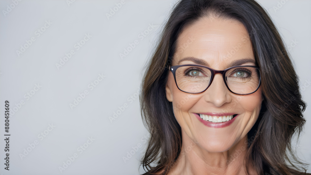 Portrait of smiling mature woman in eyeglasses against grey background Portrait of smiling mature woman in eyeglasses against grey background