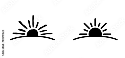 Cartoon drawing half sun or sunlight. Shining rays of light. Sunrise suns. Weather tools. Power, Sun rise line pattern. Sunshine sunset. water, sea surface. Downwards or upwards wave.
