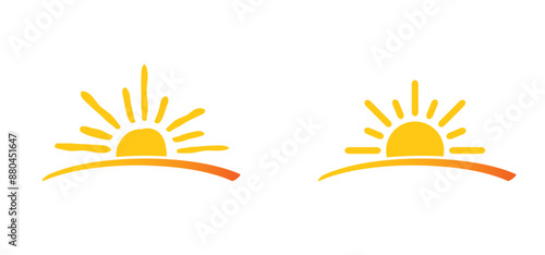 Cartoon drawing half sun or sunlight. Shining rays of light. Sunrise suns. Weather tools. Power, Sun rise line pattern. Sunshine sunset. water, sea surface. Downwards or upwards wave.