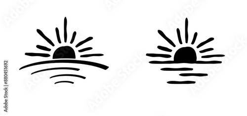Cartoon drawing half sun or sunlight. Shining rays of light. Sunrise suns. Weather tools. Power, Sun rise line pattern. Sunshine sunset. water, sea surface. Downwards or upwards wave.
