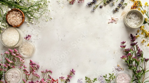 A beautiful display of floral bath salts set against a white background, ideal for promoting relaxation and wellbeing