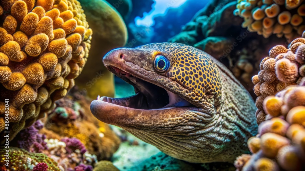 Vibrant coral reef background highlights a moray eel's emergence from crevice, sharp teeth visible, amidst crystal clear water's high-definition focus. Vibrant coral reef background highlights a moray eel's emergence from crevice, sharp teeth visible, amidst crystal clear water's high-definition focus.